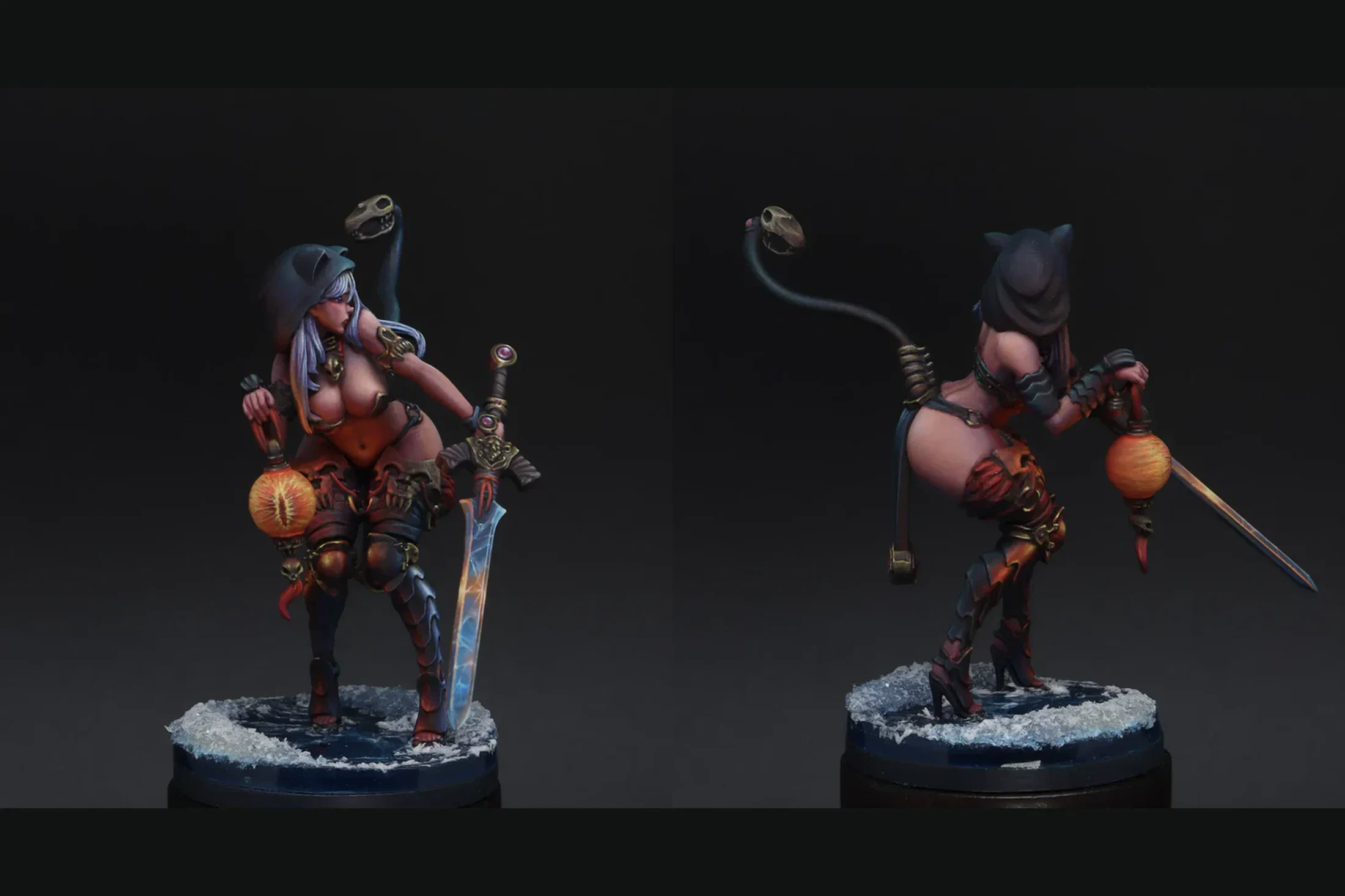 Front and side views of the same painted cat-hooded fantasy knight